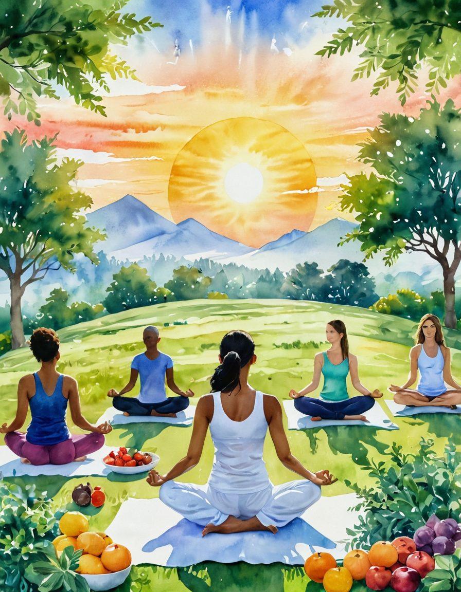 A serene landscape depicting a vibrant sunrise over a lush green field, symbolizing hope and renewal. In the foreground, a diverse group of people engaging in wellness activities like yoga, meditation, and gardening, showcasing community and support. Incorporate elements of healthy foods such as fruits and vegetables around them, subtly emphasizing nutrition. The background should have a gentle blend of soft colors to evoke a sense of tranquility and empowerment. watercolor painting. vibrant colors.
