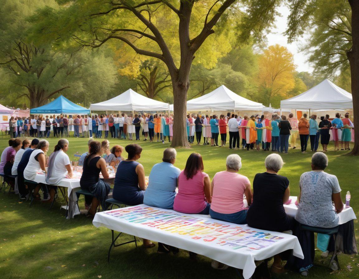 An inspiring community gathering in a park, showcasing diverse individuals united in support, wearing colorful awareness ribbons, holding hands and sharing stories. In the backdrop, tables filled with informational resources and pamphlets, while a large banner reads 'Building a Stronger Cancer Community'. Soft, warm lighting creates an inviting atmosphere, emphasizing hope and unity. vibrant colors. super-realistic. natural setting.