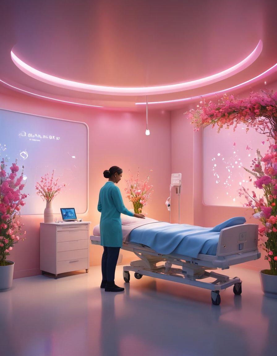 A compassionate scene depicting diverse individuals receiving supportive care in a modern, well-lit medical environment. Include elements of advanced technology in cancer treatment, while showcasing hope and resilience through uplifting interactions. Incorporate symbols of strength, like soft glowing lights and blooming flowers, to represent empowerment. super-realistic. vibrant colors. 3D.